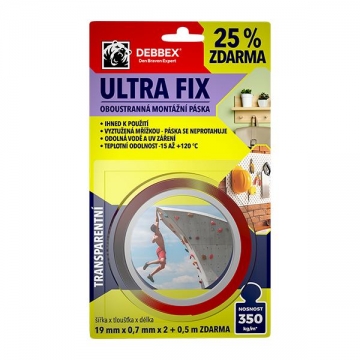 Oboustranná montážní páska ULTRA FIX 19 mm × 0,7 mm, délka 2,5 m transparentní